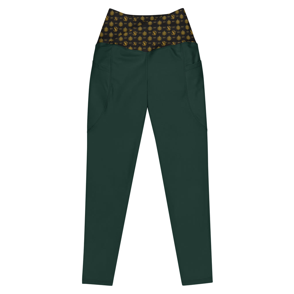 Luxury Emerald Leggings with Pockets — Eclipse Noir Gold Crest — Waistband Edition — alternate view 1 of 4