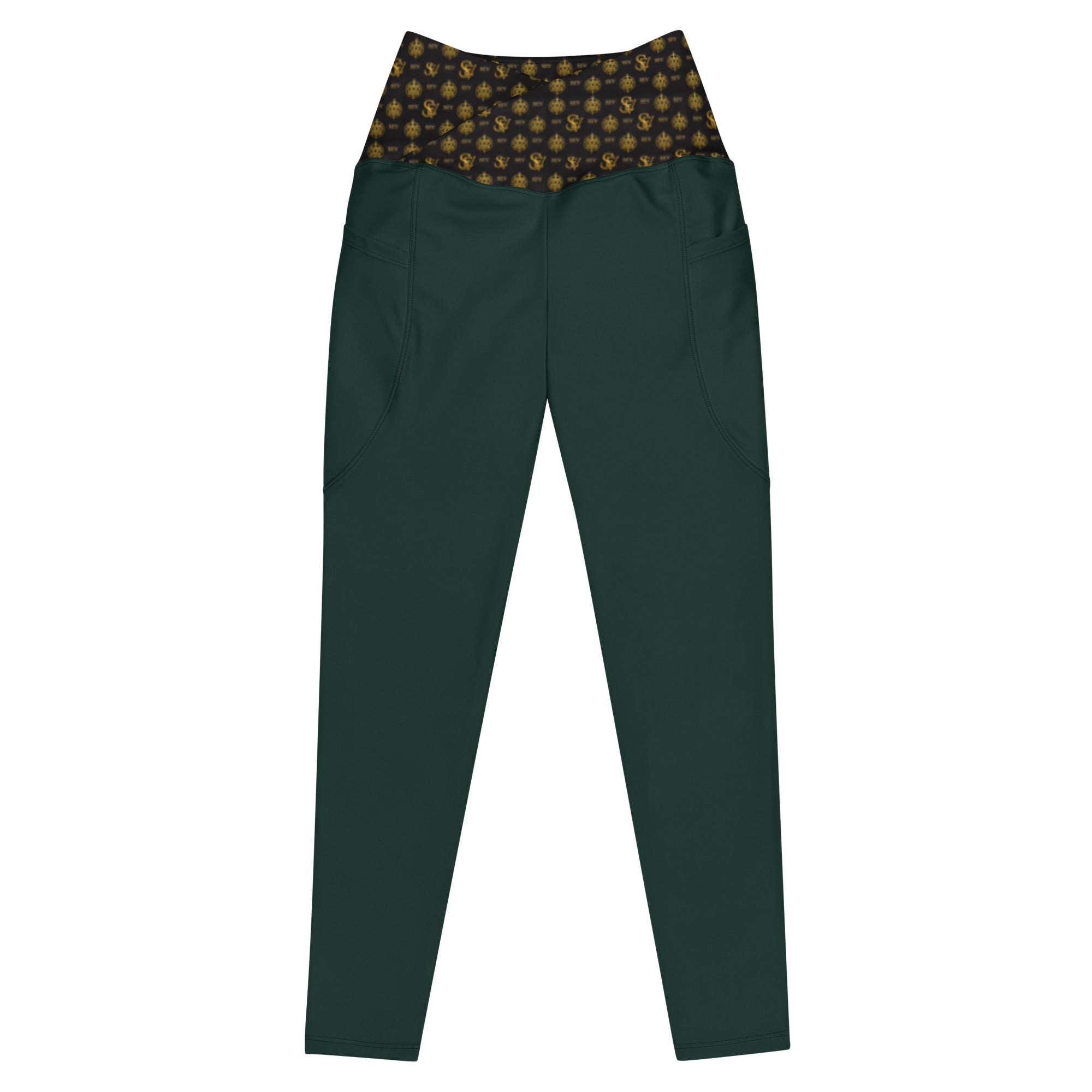 Luxury Emerald Leggings with Pockets — Eclipse Noir Gold Crest — Waistband Edition — alternate view 1 of 4