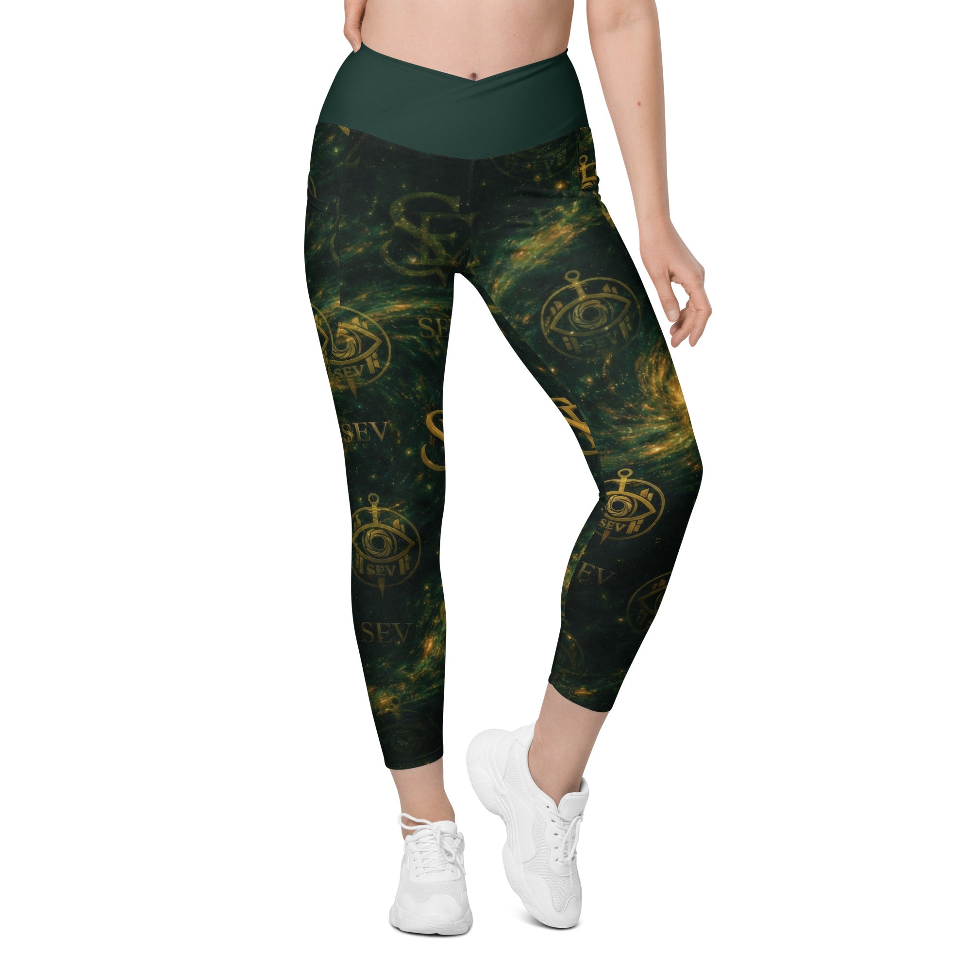 LUXURY EMERALD LEGGINGS WITH POCKETS — VERDANT NEBULA VEIL — alternate view 5 of 7