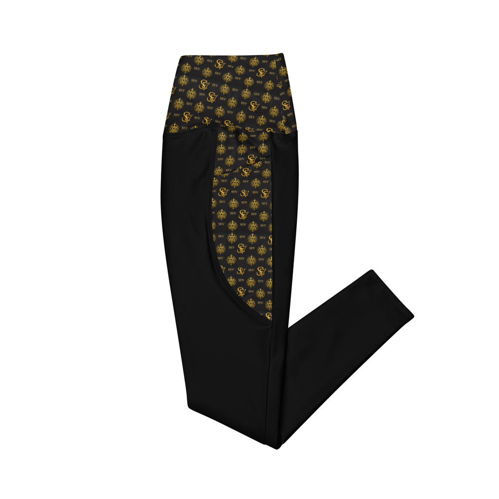 Luxury Black Leggings with Pockets — Eclipse Noir Gold Crest — Waistband & Pocket Panel Edition — alternate view 4 of 4