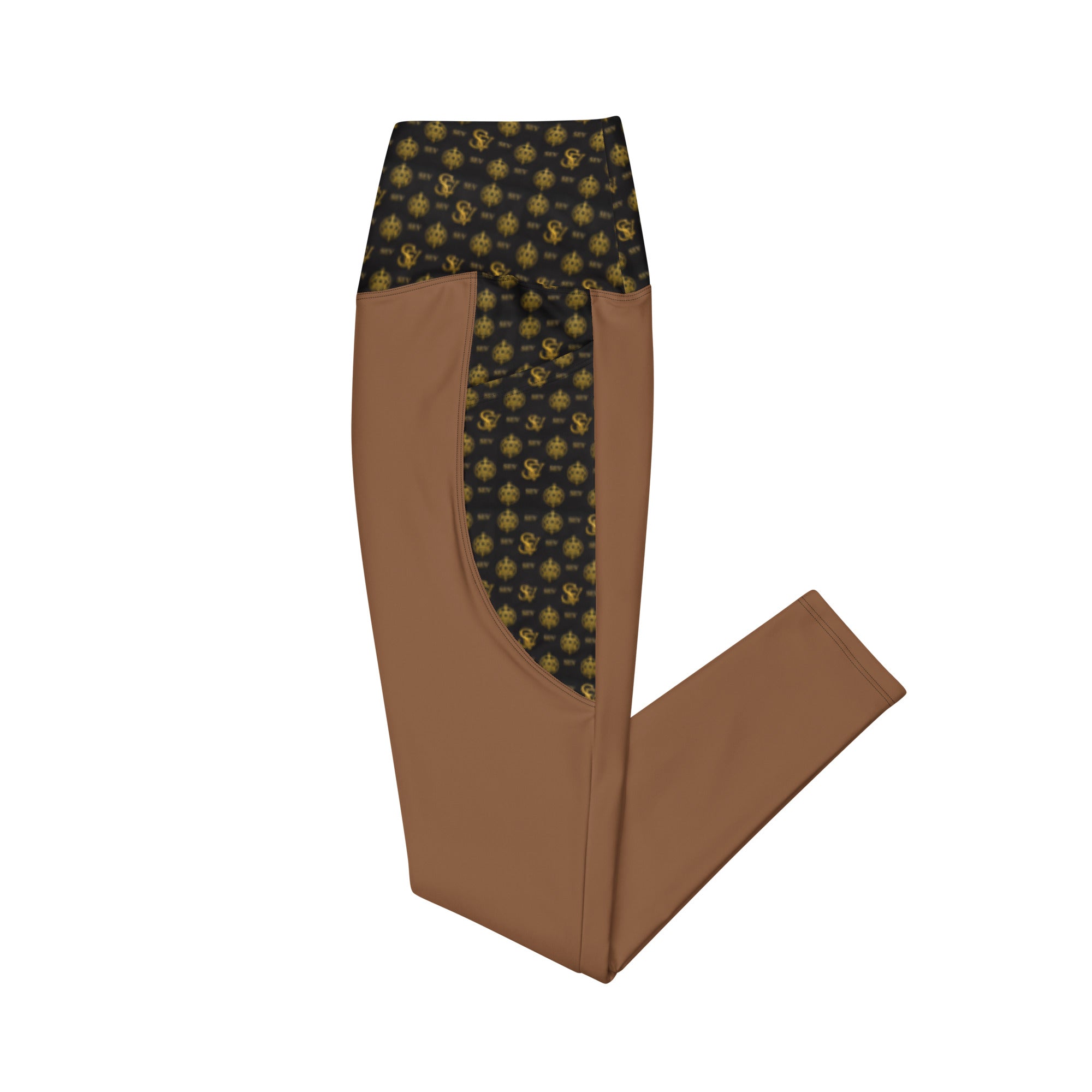 Jasper Brown Leggings with Pockets — Eclipse Noir Gold Crest — Waistband & Pocket Panel Edition — alternate view 4 of 4
