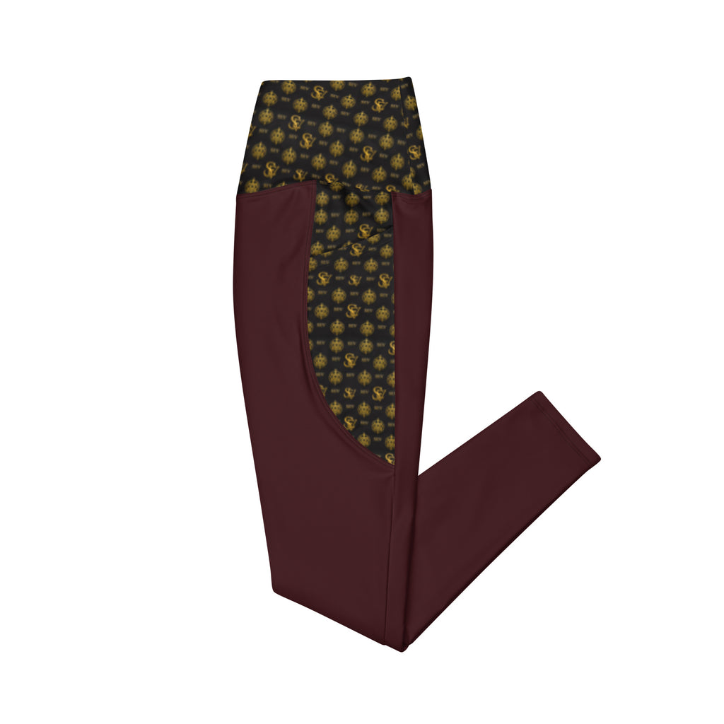 Luxury Red Leggings with Pockets — Eclipse Noir Gold Crest — Waistband & Pocket Panel Edition — alternate view 4 of 4