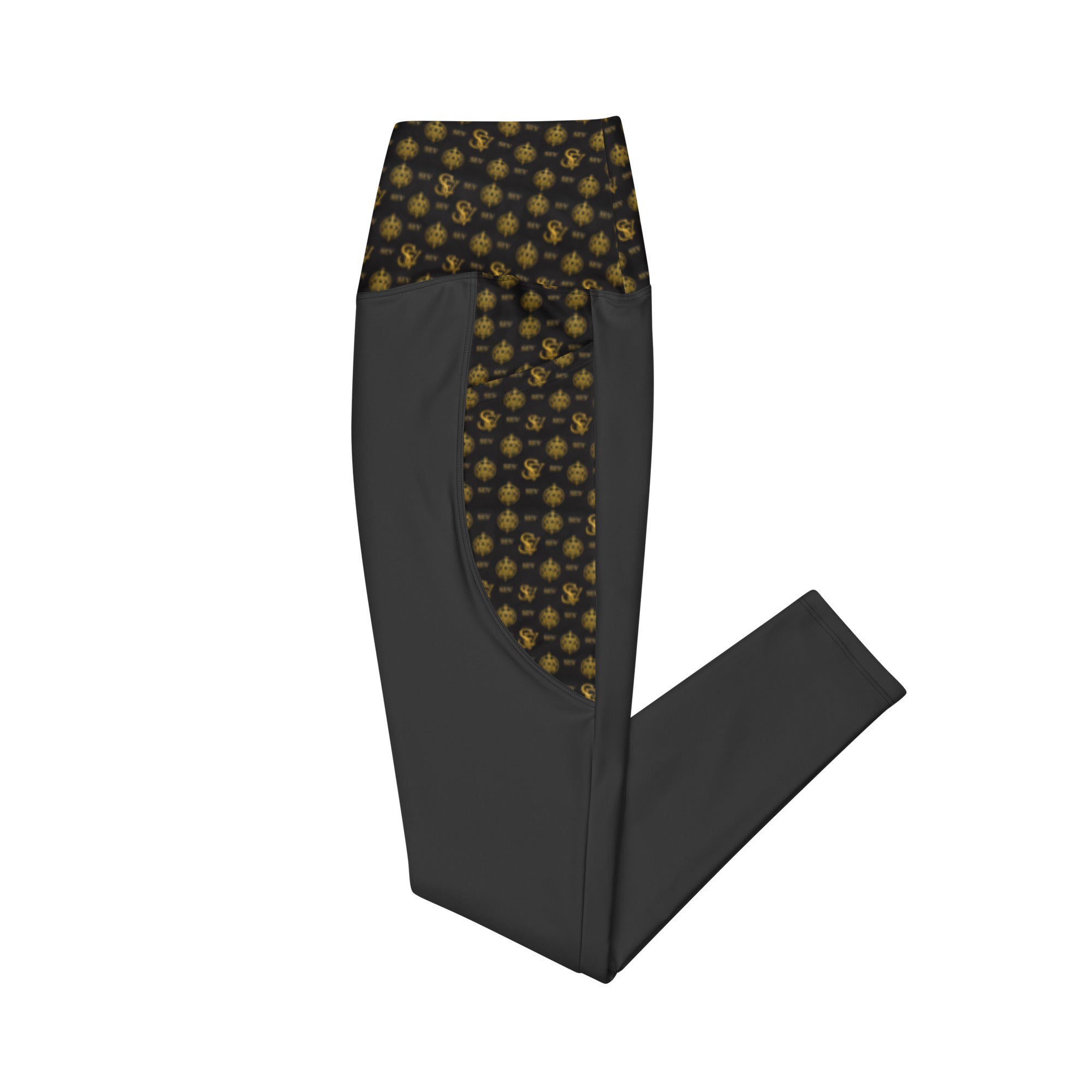 Carbon Smoke Leggings with Pockets — Eclipse Noir Gold Crest — Waistband & Pocket Panel Edition — alternate view 4 of 4
