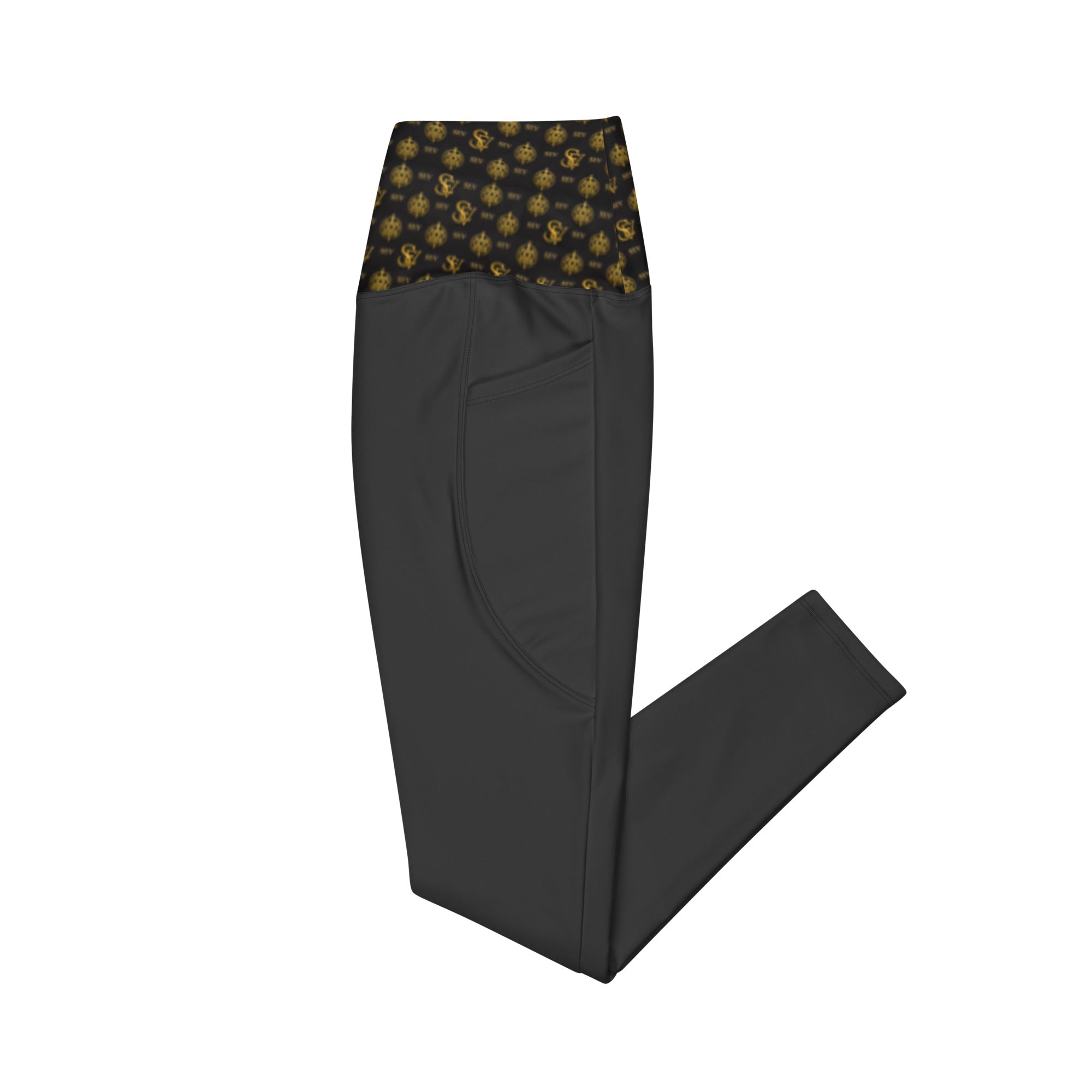 Carbon Smoke Leggings with Pockets — Eclipse Noir Gold Crest — Waistband Edition — alternate view 4 of 4
