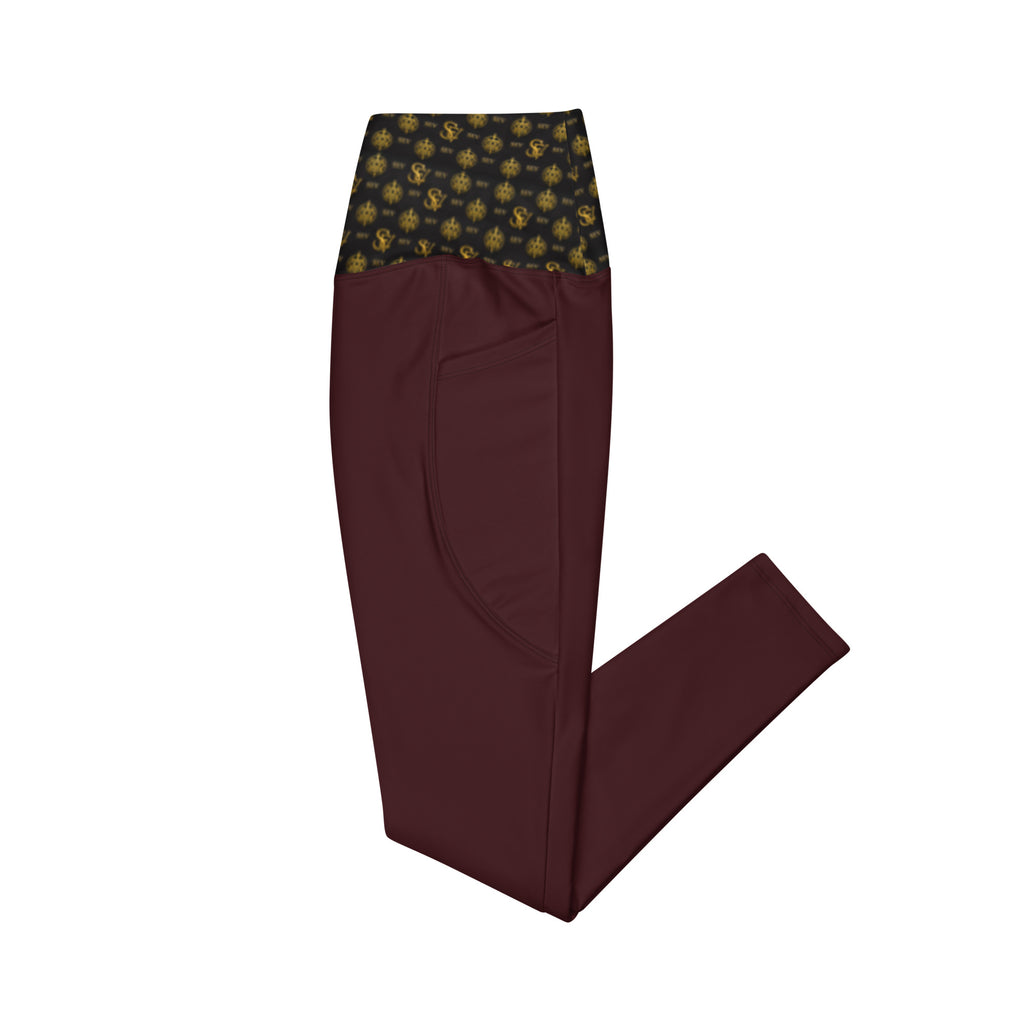 Luxury Red Leggings with Pockets — Eclipse Noir Gold Crest — Waistband Edition — alternate view 4 of 4