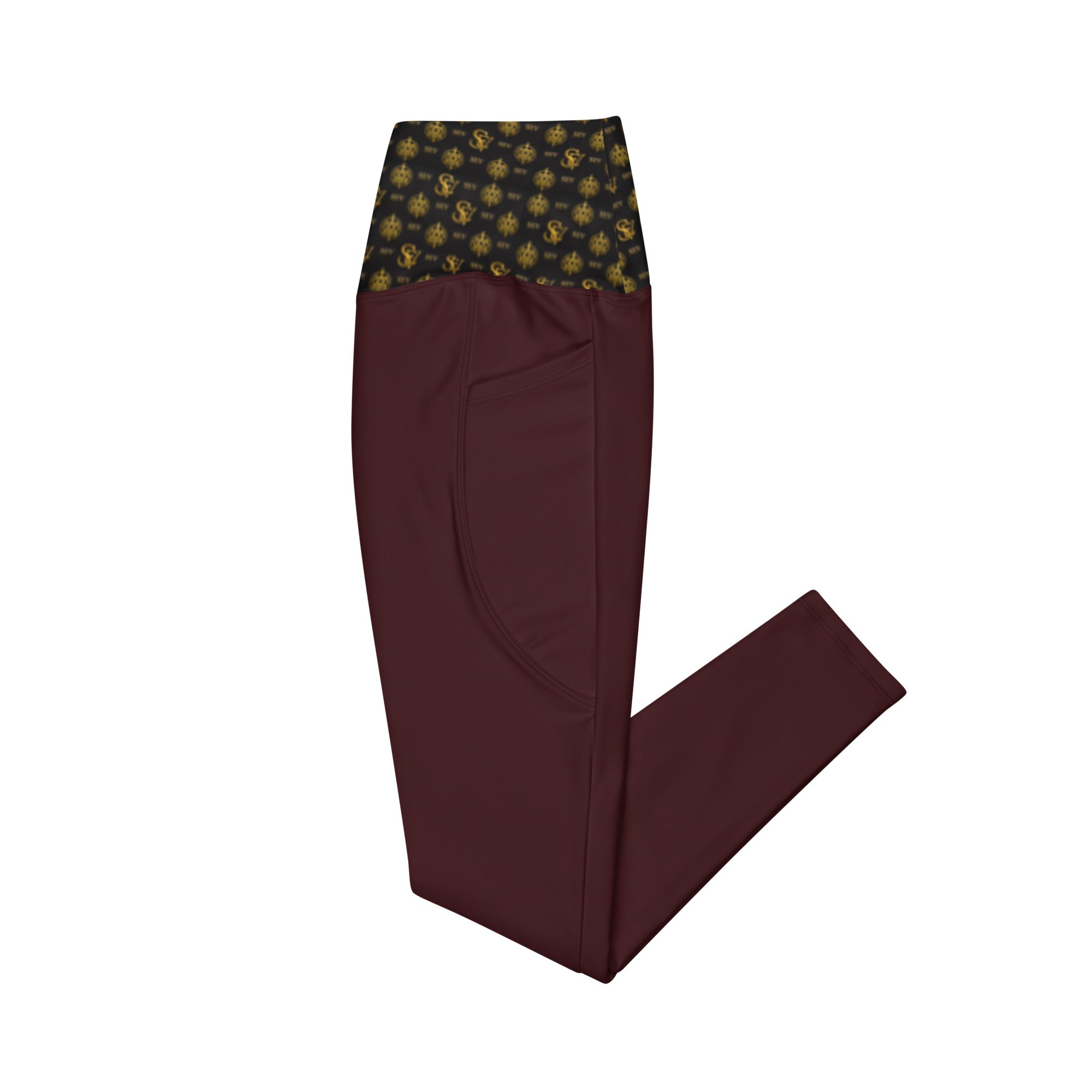 Luxury Red Leggings with Pockets — Eclipse Noir Gold Crest — Waistband Edition — alternate view 4 of 4