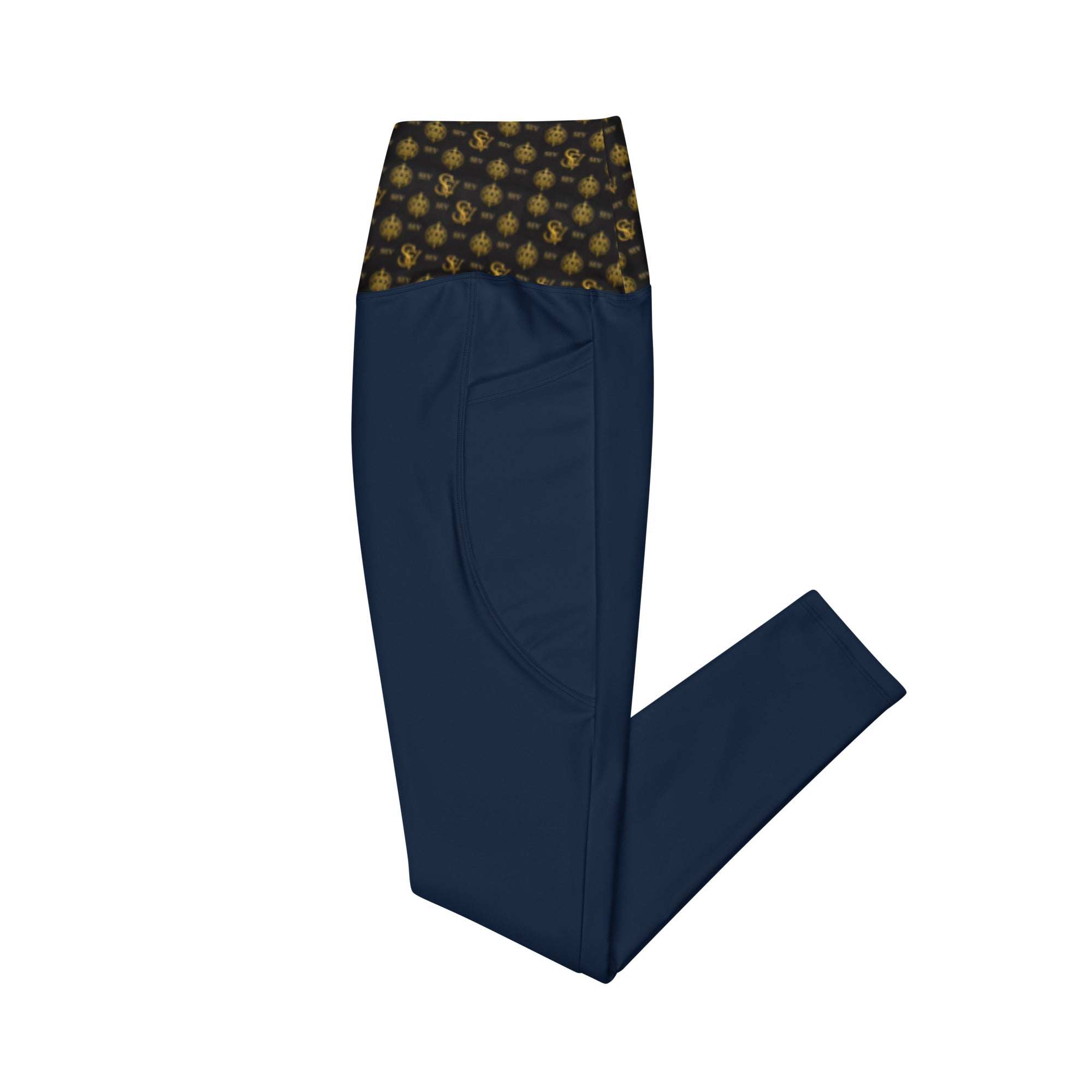 Luxury Blue Leggings with Pockets — Eclipse Noir Gold Crest — Waistband Edition — alternate view 4 of 4