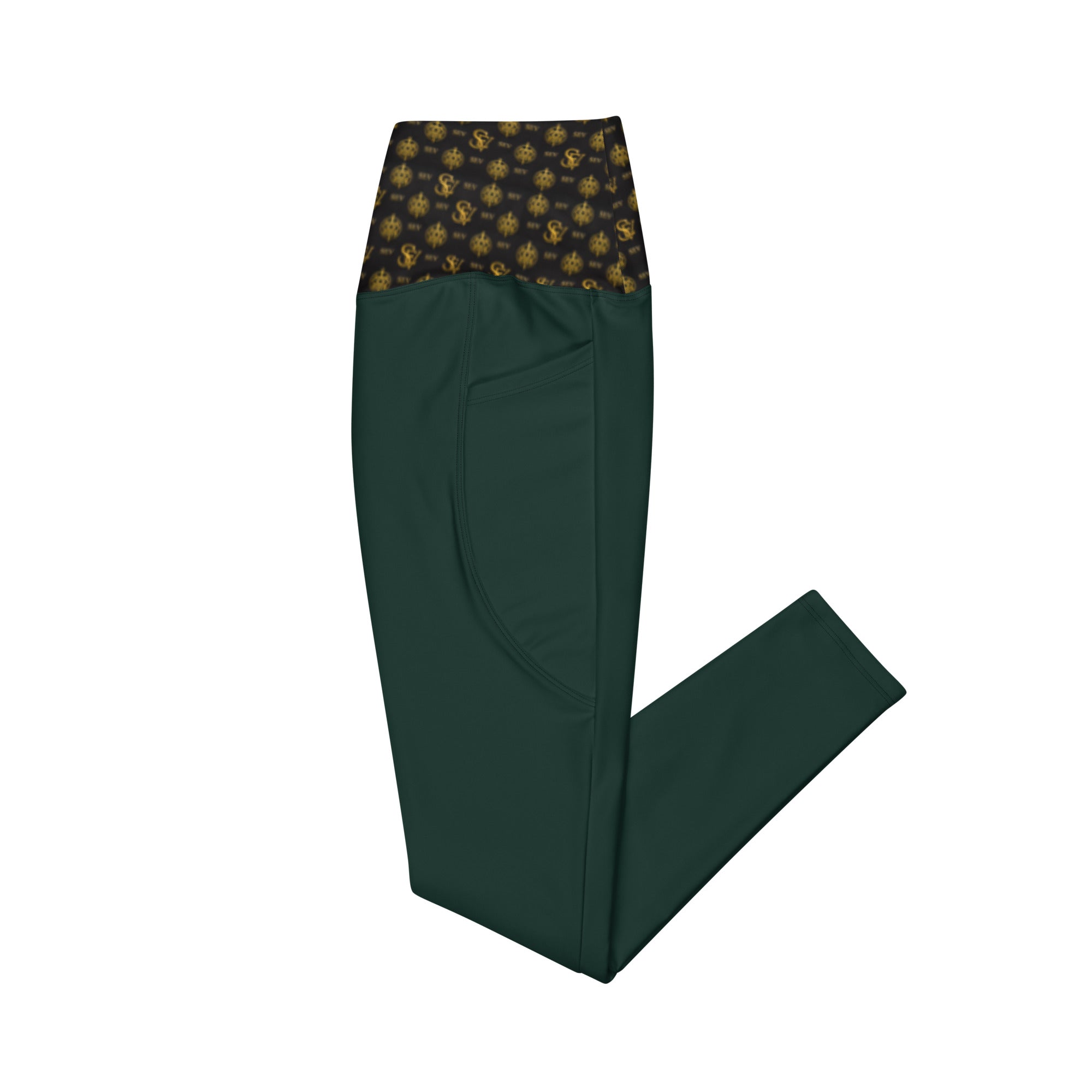 Luxury Emerald Leggings with Pockets — Eclipse Noir Gold Crest — Waistband Edition — alternate view 4 of 4