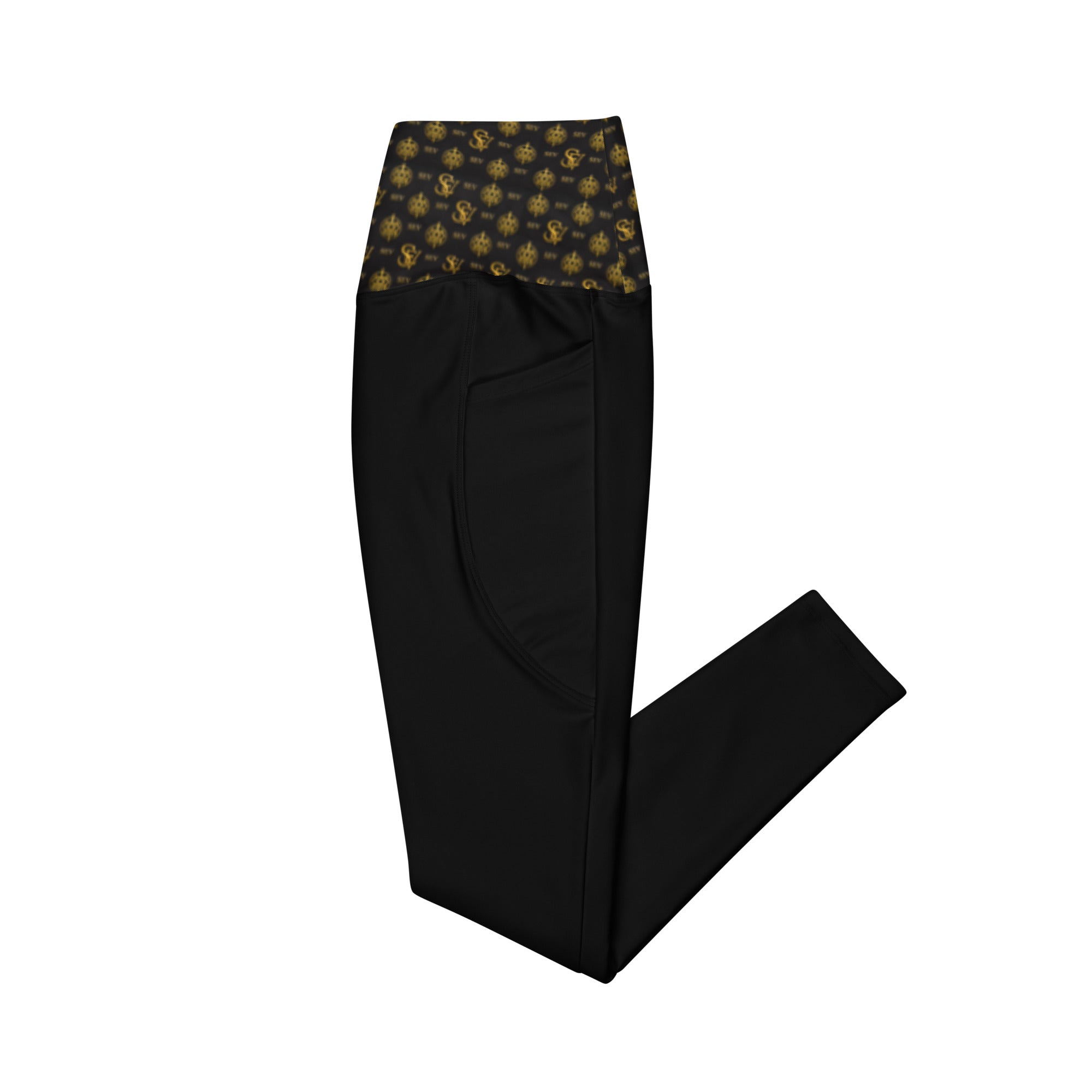 Luxury Black Leggings with Pockets — Eclipse Noir Gold Crest — Waistband Edition — alternate view 4 of 4