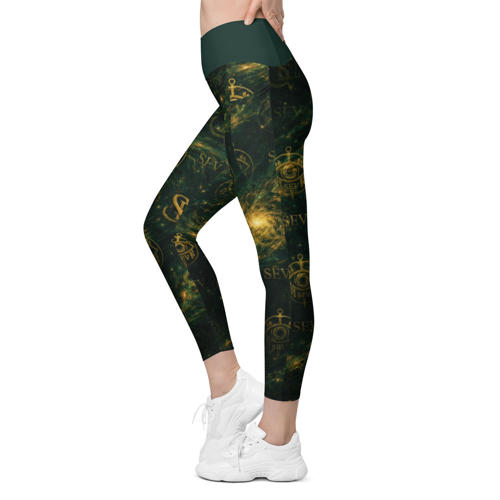 LUXURY EMERALD LEGGINGS WITH POCKETS — VERDANT NEBULA VEIL — alternate view 6 of 7
