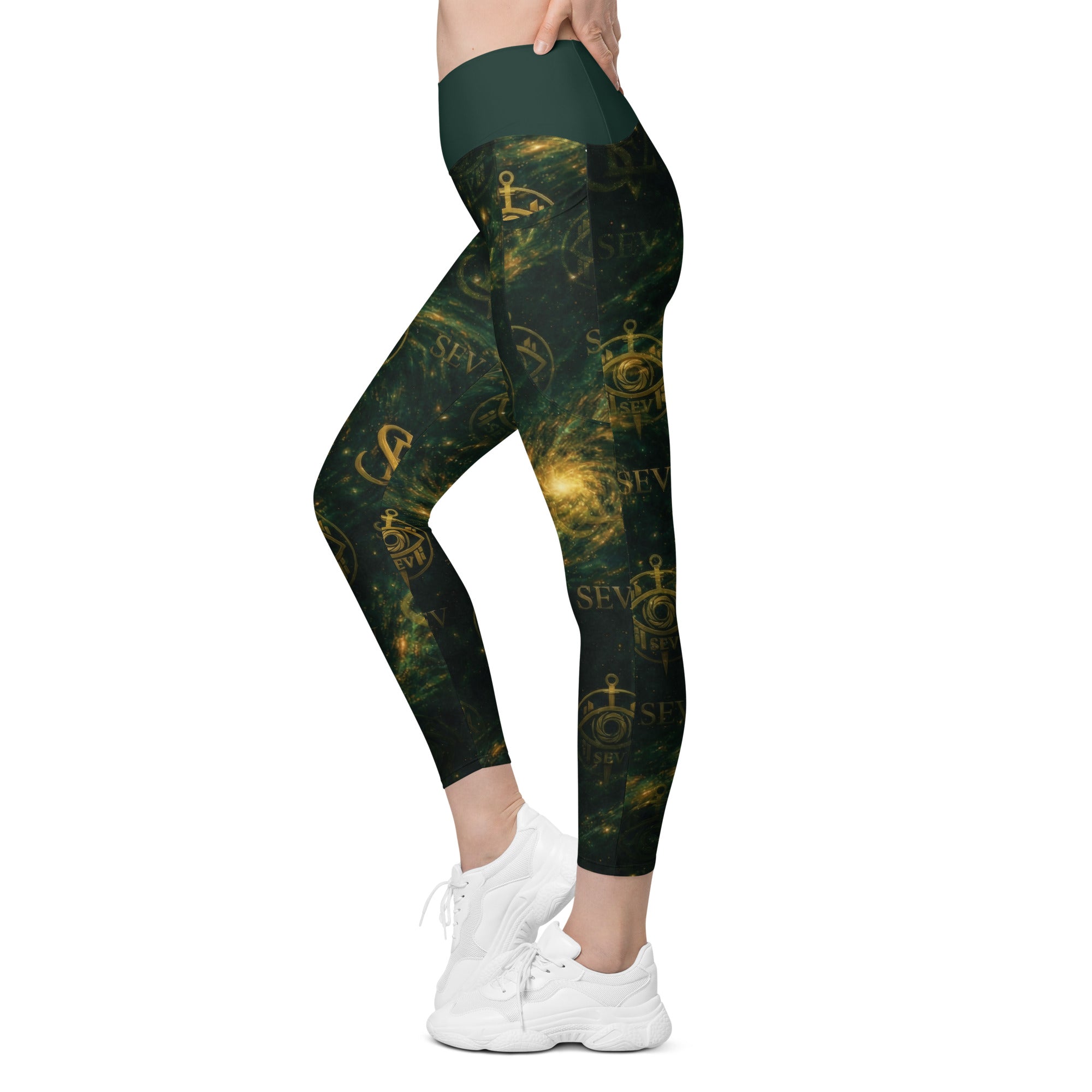 LUXURY EMERALD LEGGINGS WITH POCKETS — VERDANT NEBULA VEIL — alternate view 6 of 7