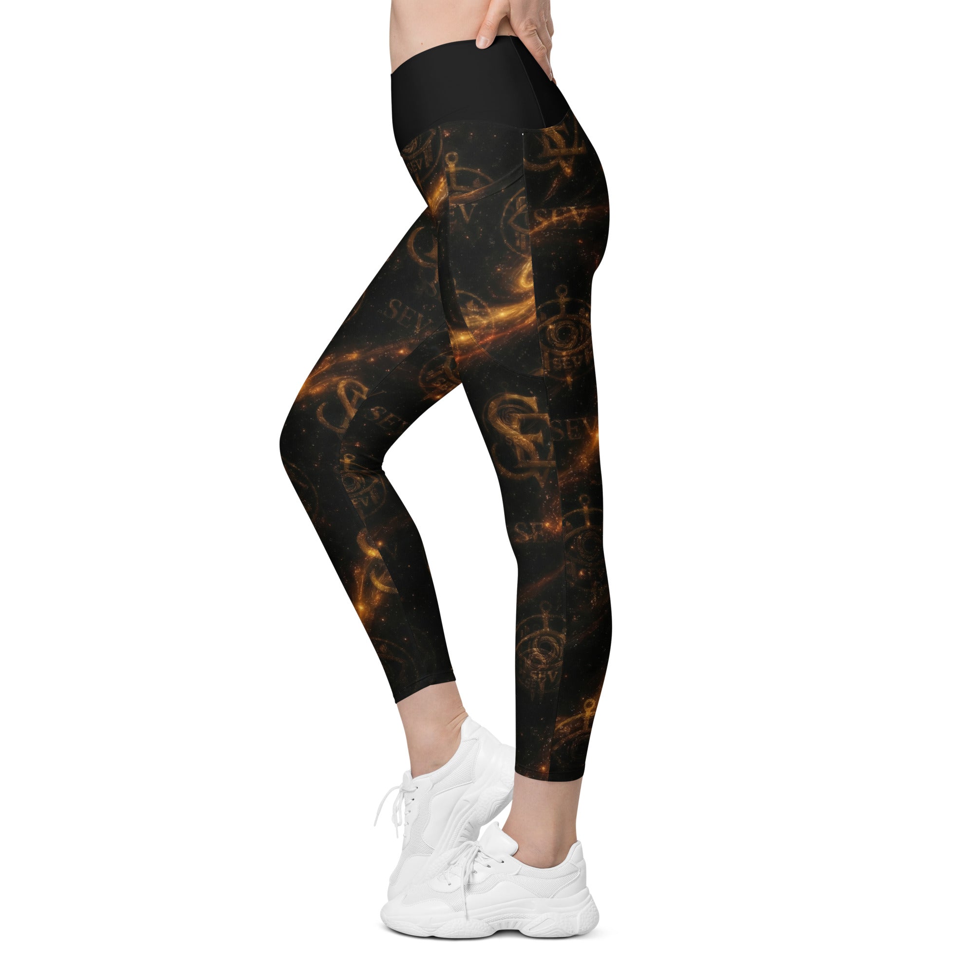 LUXURY BLACK LEGGINGS WITH POCKETS — CELESTIAL STREAM VEIL I — alternate view 6 of 7