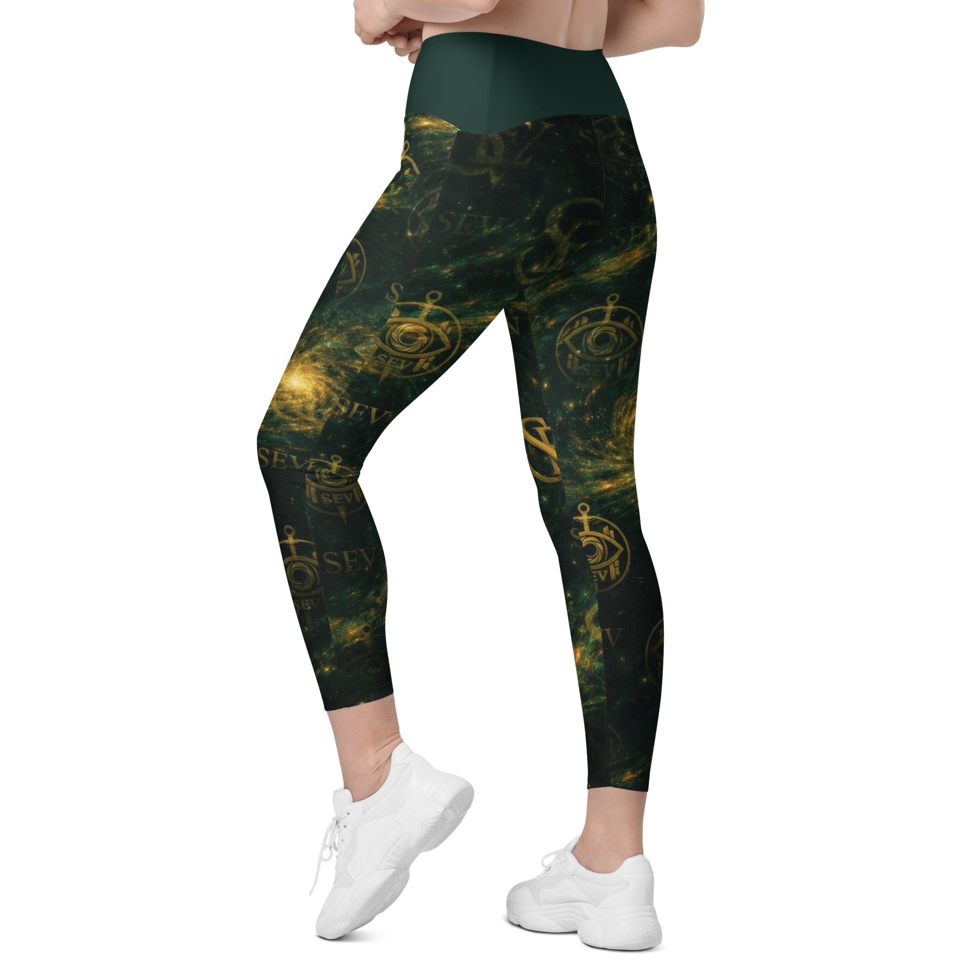 LUXURY EMERALD LEGGINGS WITH POCKETS — VERDANT NEBULA VEIL — alternate view 7 of 7