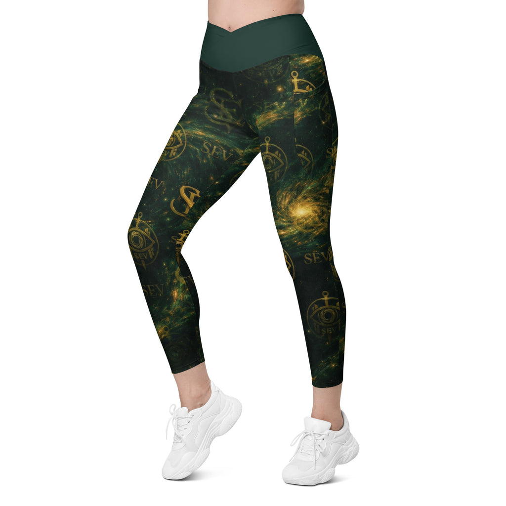 LUXURY EMERALD LEGGINGS WITH POCKETS — VERDANT NEBULA VEIL — alternate view 1 of 7