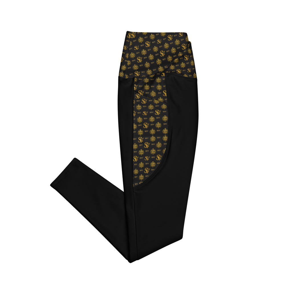 Luxury Black Leggings with Pockets — Eclipse Noir Gold Crest — Waistband & Pocket Panel Edition — alternate view 2 of 4