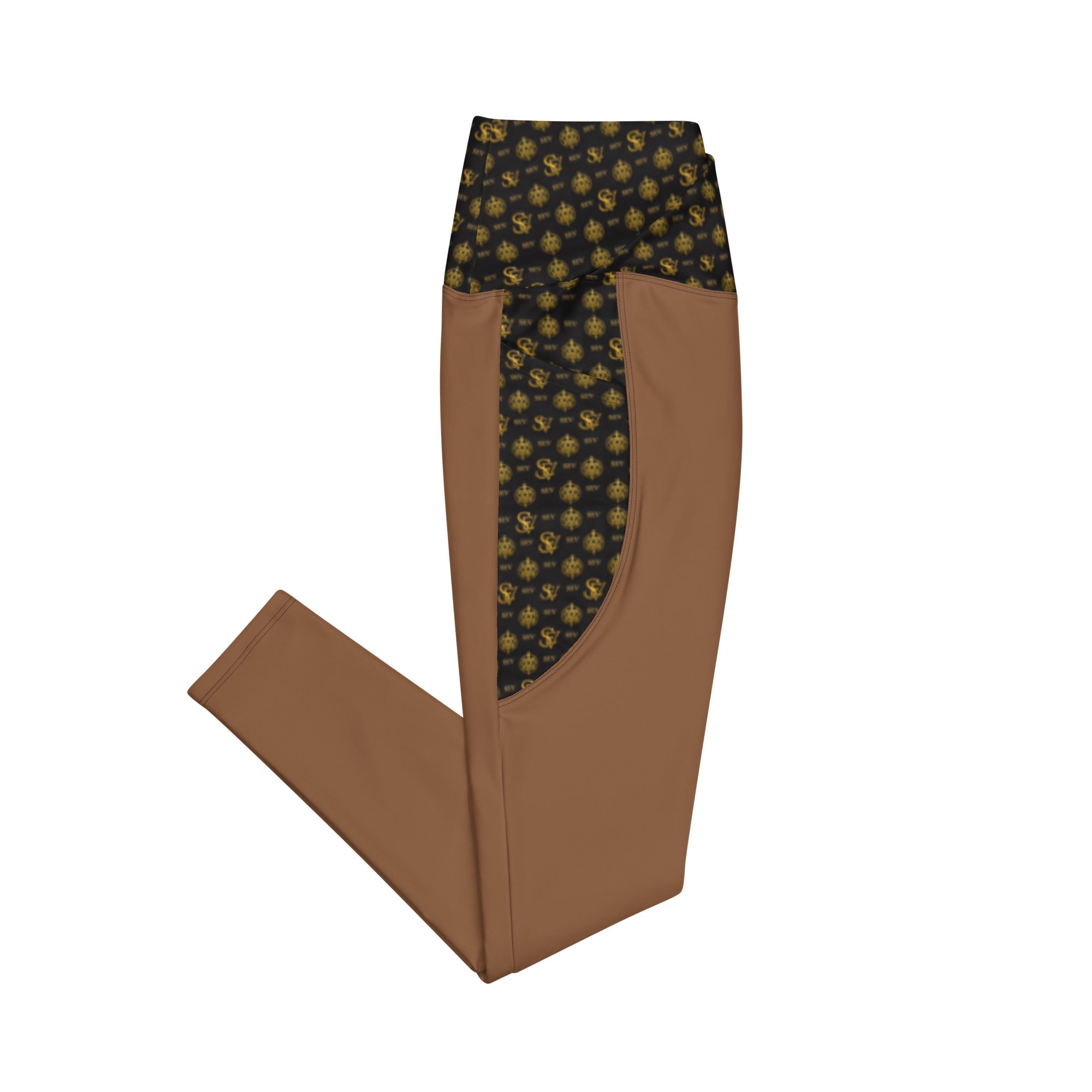 Jasper Brown Leggings with Pockets — Eclipse Noir Gold Crest — Waistband & Pocket Panel Edition — alternate view 2 of 4