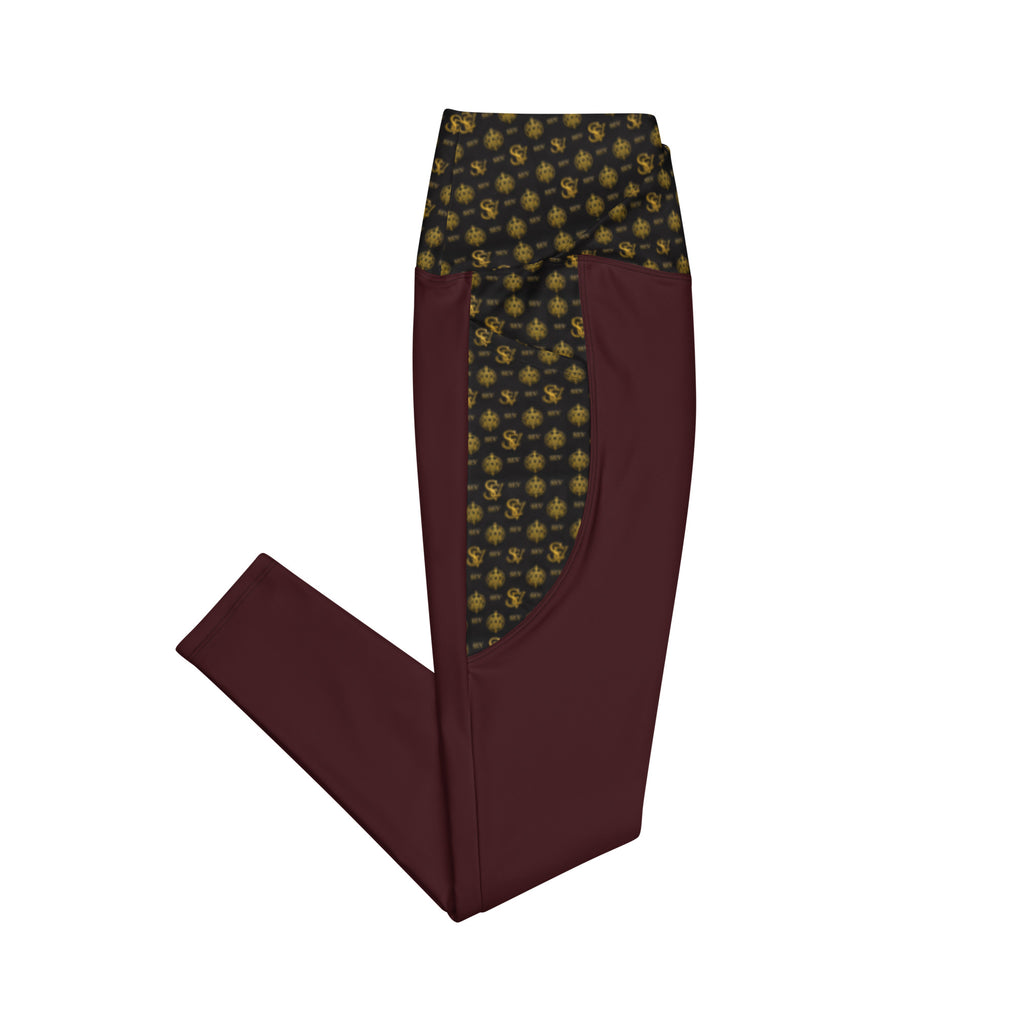 Luxury Red Leggings with Pockets — Eclipse Noir Gold Crest — Waistband & Pocket Panel Edition — alternate view 2 of 4