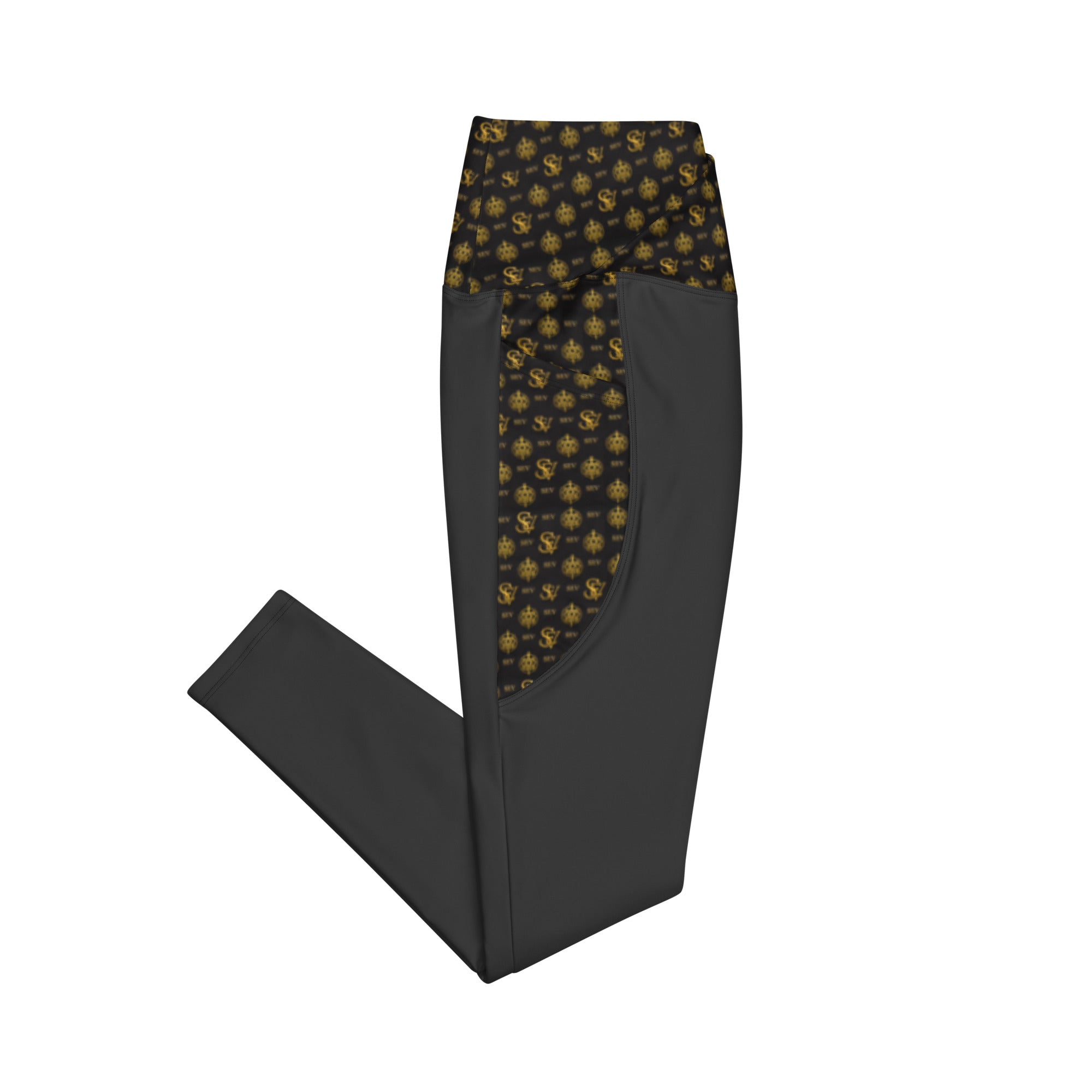 Carbon Smoke Leggings with Pockets — Eclipse Noir Gold Crest — Waistband & Pocket Panel Edition — alternate view 2 of 4