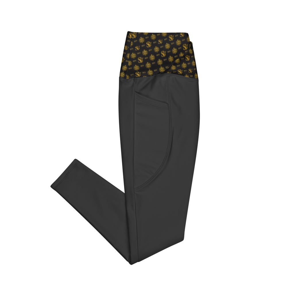 Carbon Smoke Leggings with Pockets — Eclipse Noir Gold Crest — Waistband Edition — alternate view 2 of 4