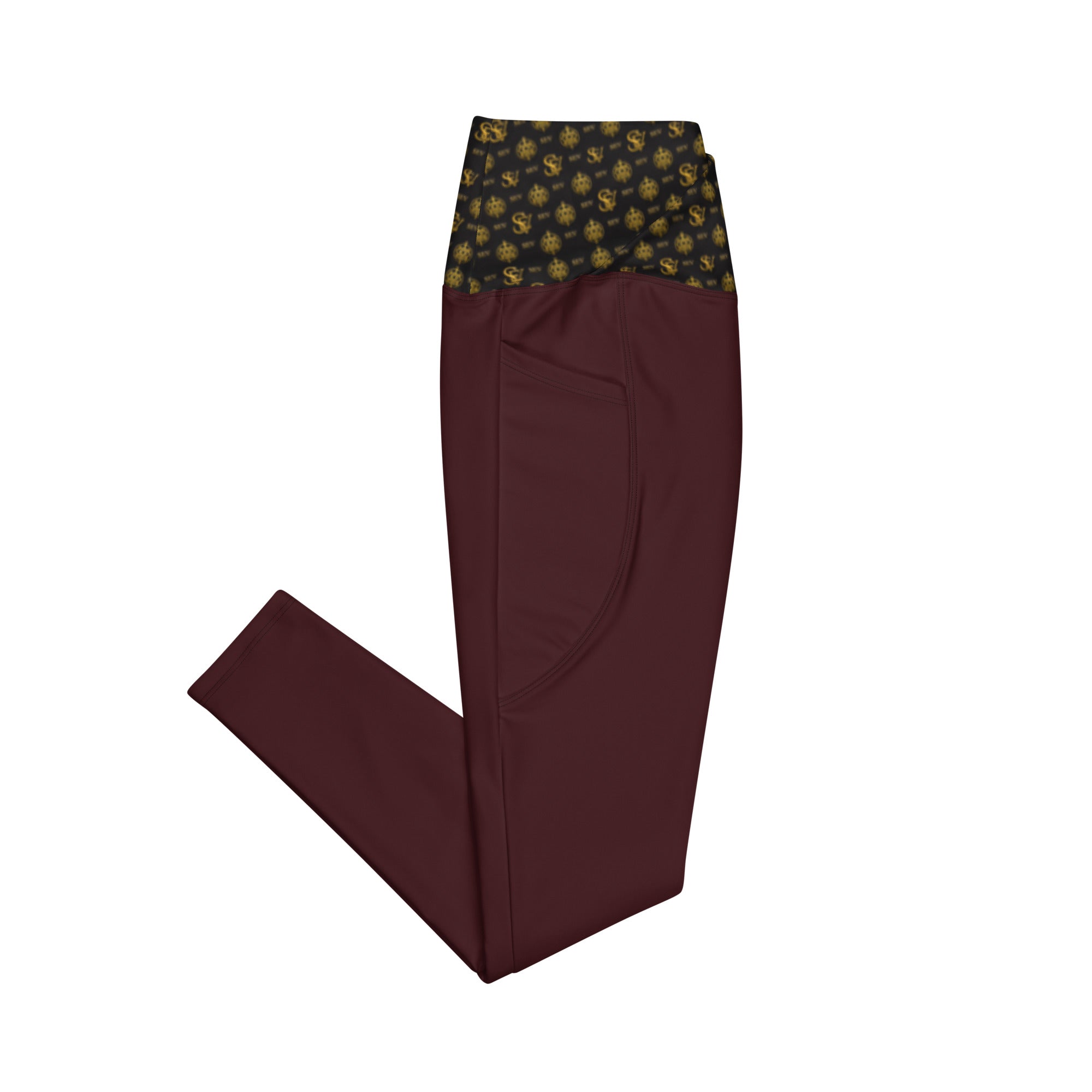 Luxury Red Leggings with Pockets — Eclipse Noir Gold Crest — Waistband Edition — alternate view 2 of 4