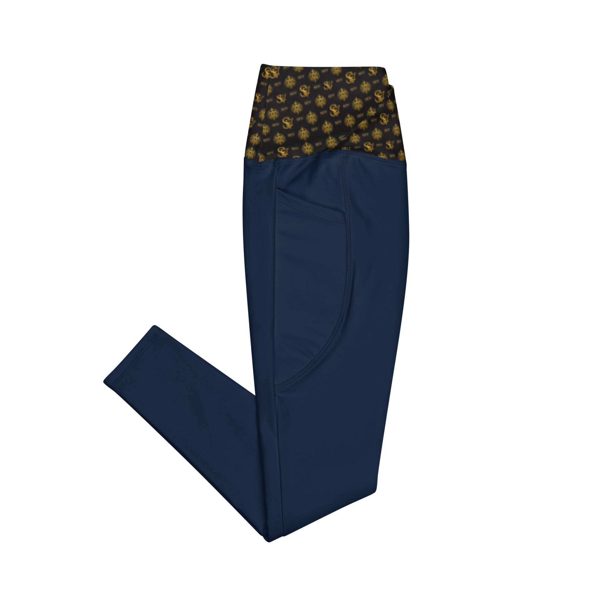 Luxury Blue Leggings with Pockets — Eclipse Noir Gold Crest — Waistband Edition — alternate view 2 of 4