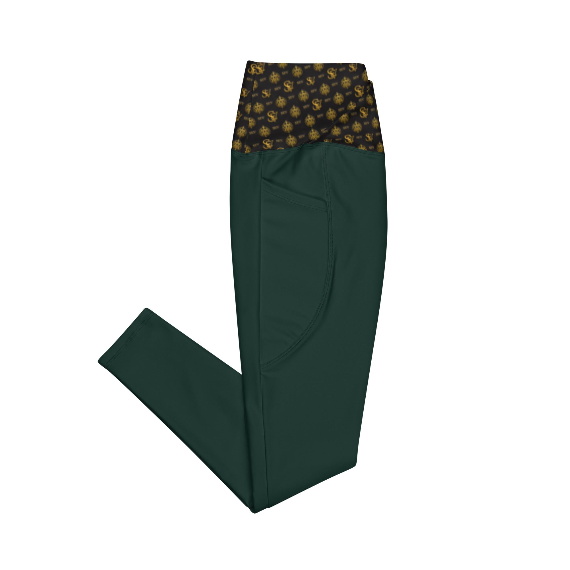 Luxury Emerald Leggings with Pockets — Eclipse Noir Gold Crest — Waistband Edition — alternate view 2 of 4