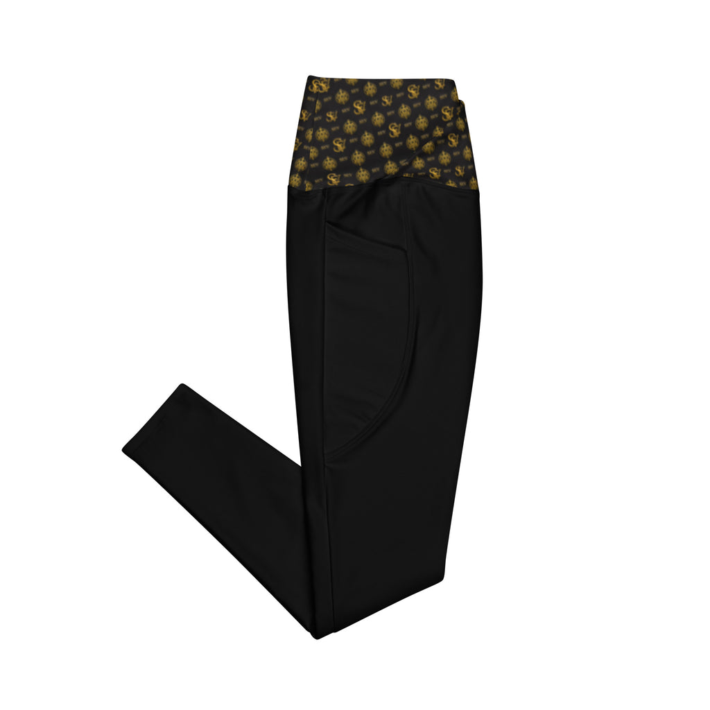 Luxury Black Leggings with Pockets — Eclipse Noir Gold Crest — Waistband Edition — alternate view 2 of 4