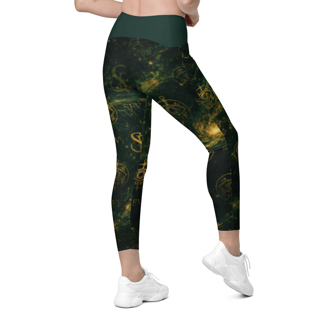 LUXURY EMERALD LEGGINGS WITH POCKETS — VERDANT NEBULA VEIL — alternate view 3 of 7