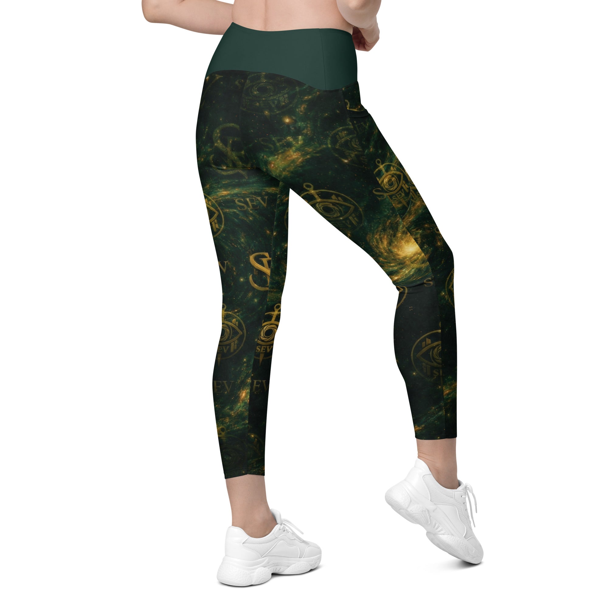 LUXURY EMERALD LEGGINGS WITH POCKETS — VERDANT NEBULA VEIL — alternate view 3 of 7