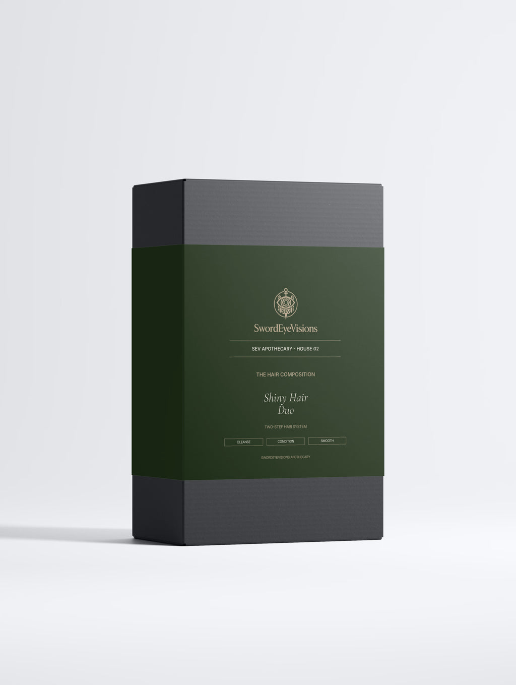 Shiny Hair Duo in its black box with deep green SEV Hair Composition sleeve, front view