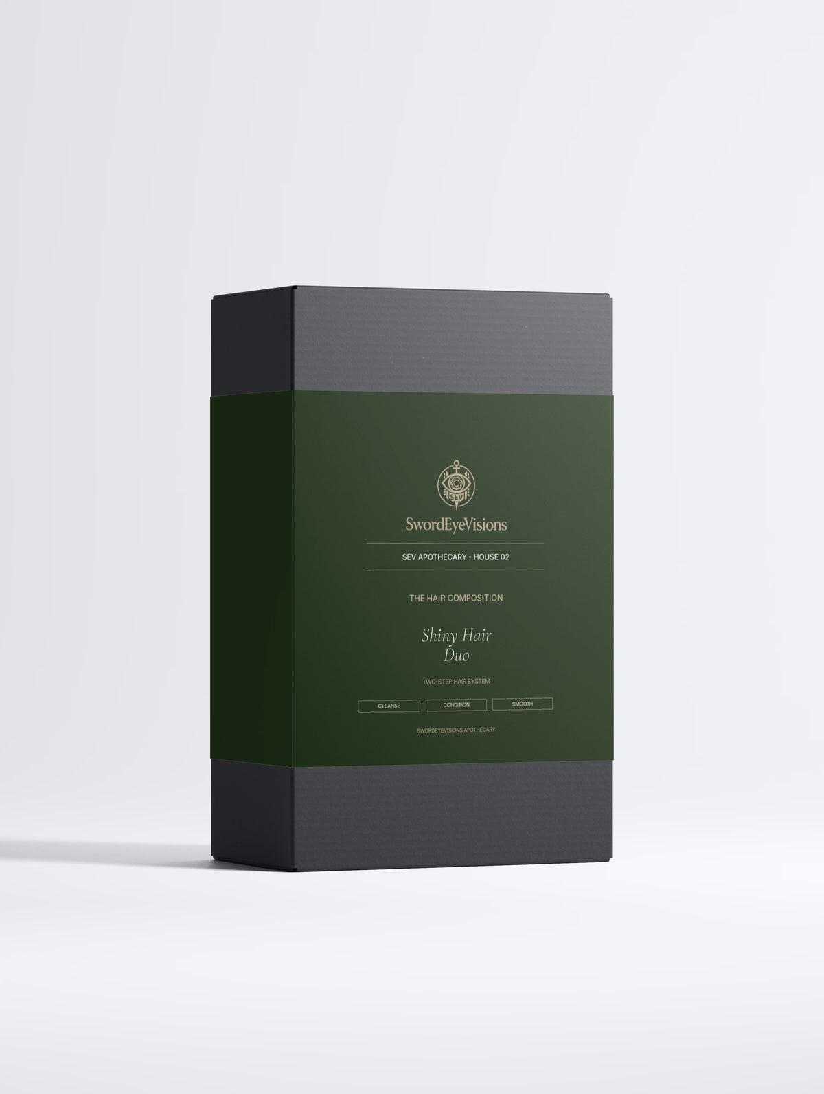 Shiny Hair Duo in its black box with deep green SEV Hair Composition sleeve, front view
