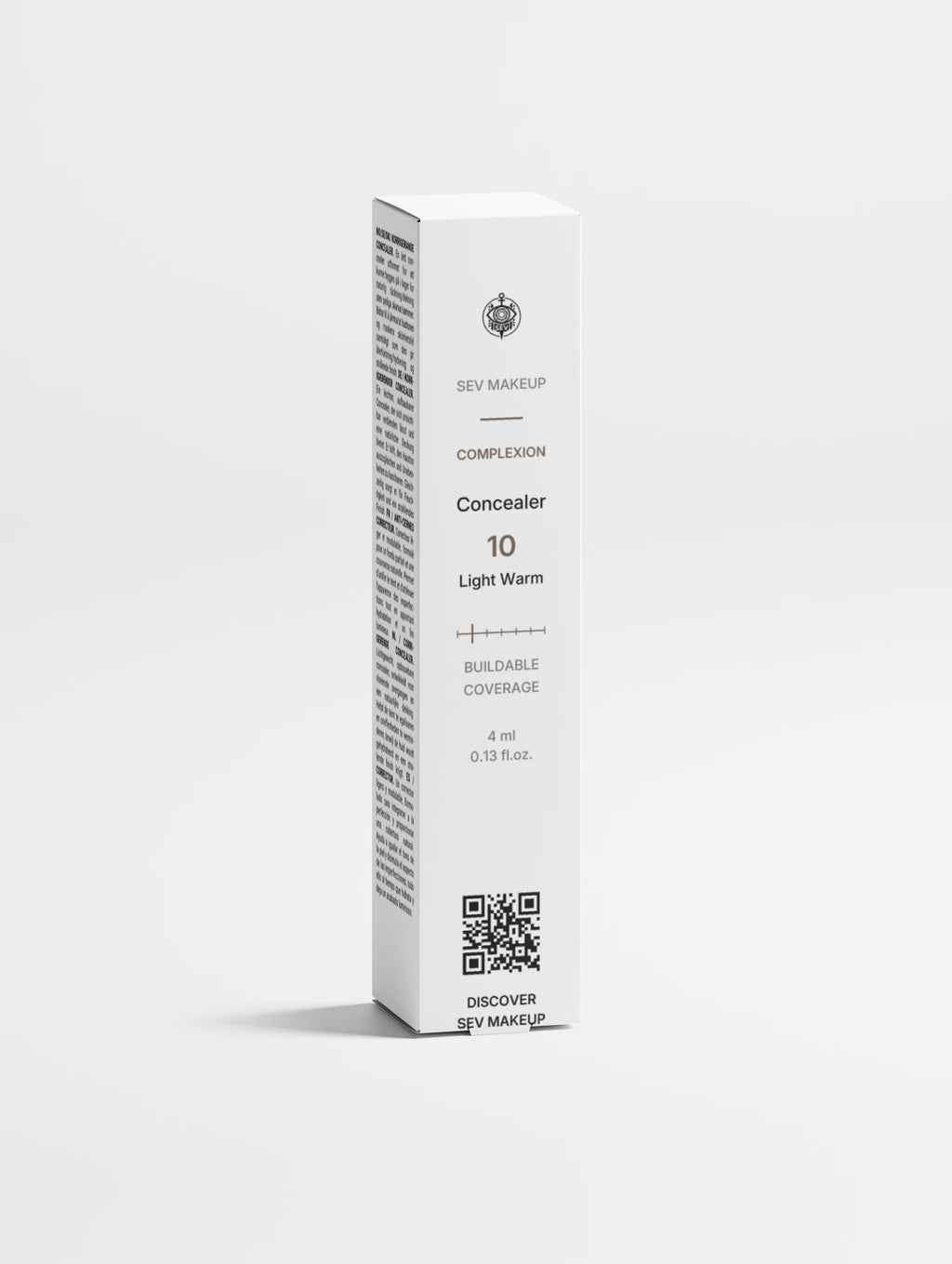 Front of the SEV Makeup Correcting Concealer carton, reading COMPLEXION, Concealer, shade 10 Light Warm, with the seven-position shade index, buildable coverage, 4 ml / 0.13 fl.oz. and a QR code captioned DISCOVER SEV MAKEUP.