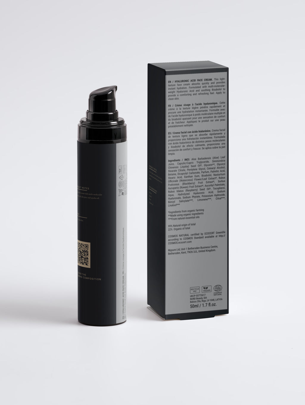 Hyaluronic Acid Face Cream for Men — 50 ml bottle with the carton turned to show the ingredients and regulatory panel.