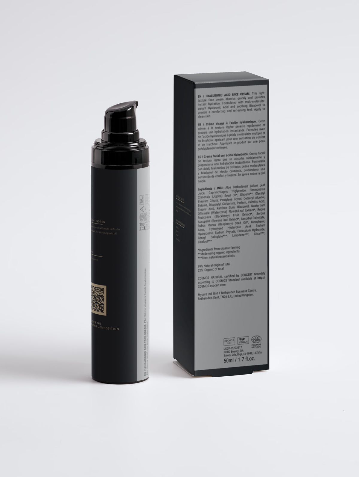 Hyaluronic Acid Face Cream for Men — 50 ml bottle with the carton turned to show the ingredients and regulatory panel.
