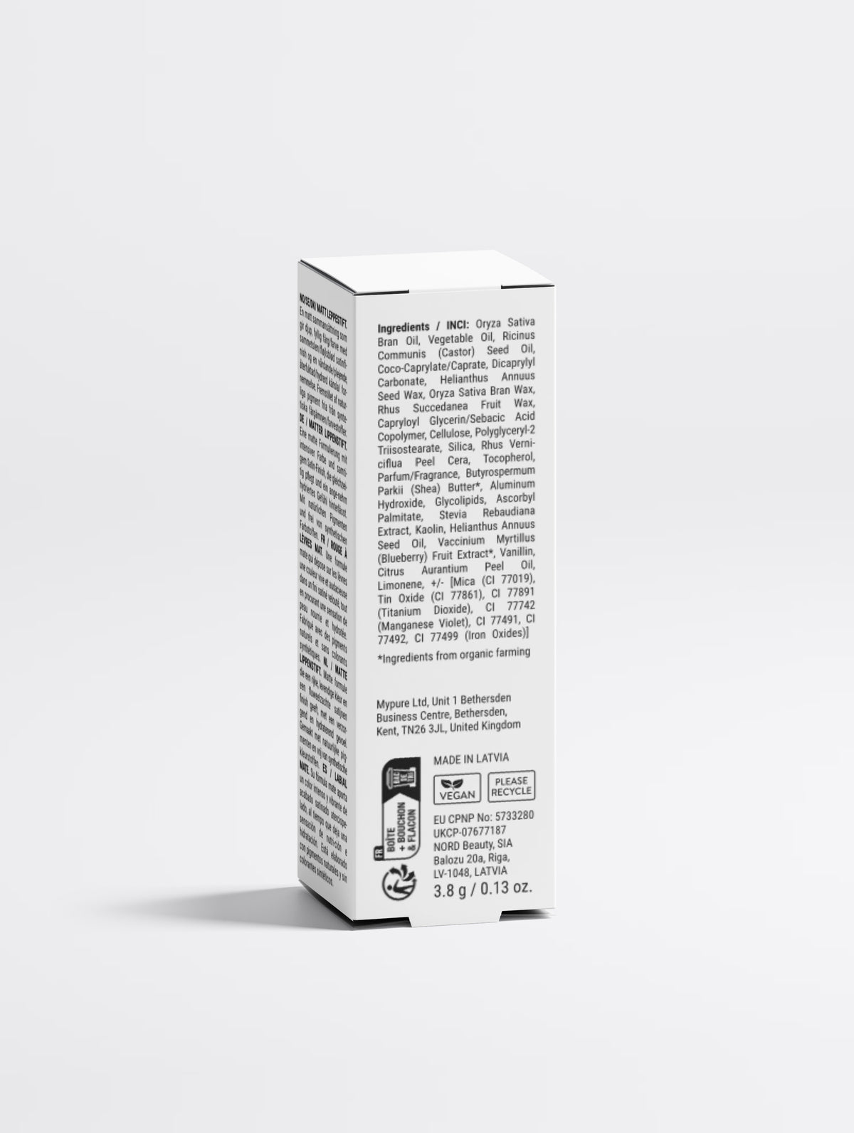 Back of the SEV Makeup Lipstick carton showing the full ingredients list, the Vegan and recycling marks, Made in Latvia and the EU and UK registration numbers.