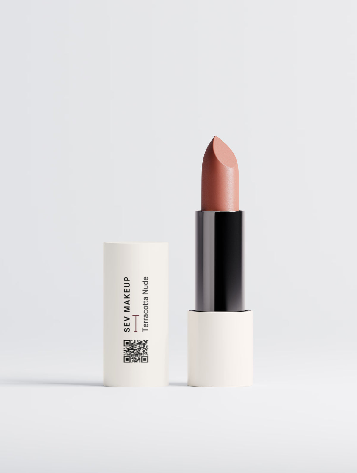 SEV Makeup Matte Lipstick in Terracotta Nude: the cream cap carries a vertical SEV MAKEUP wordmark, the shade name, an oxblood two-position index and a QR code, beside the open lipstick bullet.