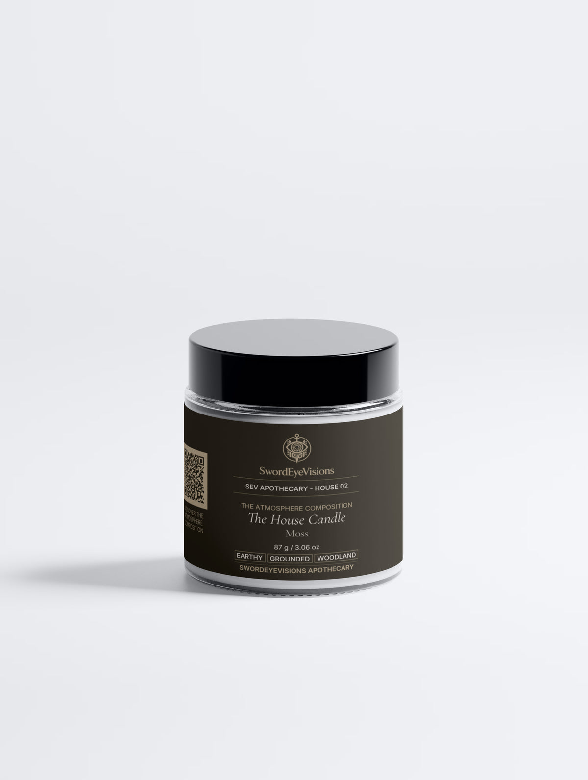 The House Candle, Moss — SEV Apothecary glass candle jar with The Atmosphere Composition label, front view.