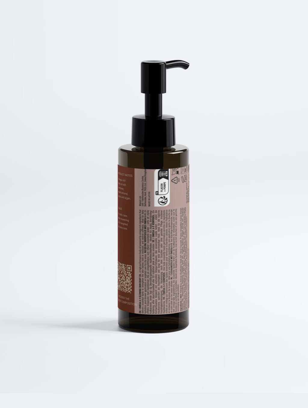 SEV Apothecary Omega 6-9 Glowing Skin Body Oil, 150 ml black pump bottle with The Body Composition label — rear product-information view