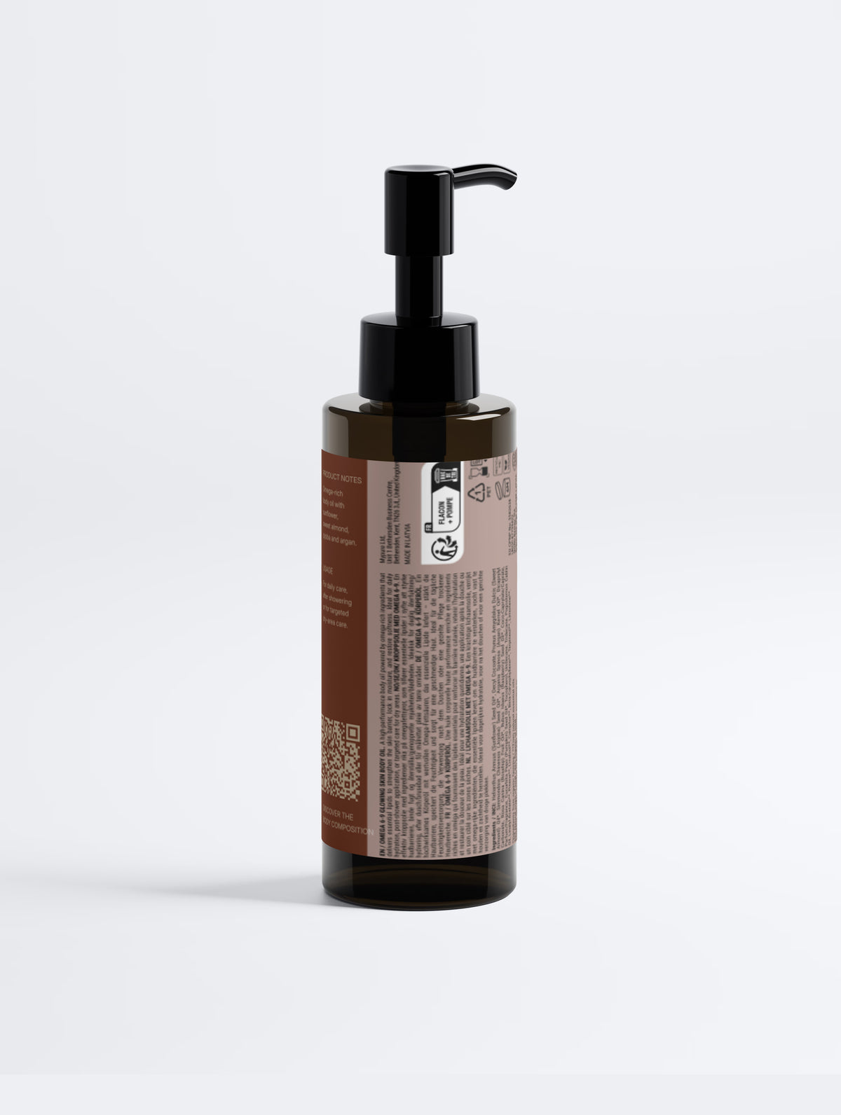 SEV Apothecary Omega 6-9 Glowing Skin Body Oil, 150 ml black pump bottle with The Body Composition label — rear product-information view