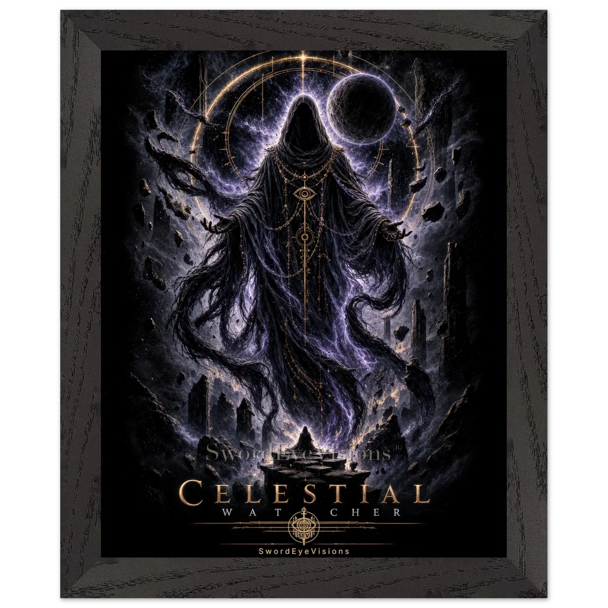 Celestial Watcher in a premium black wooden frame, 20 × 25 cm — protected artwork preview