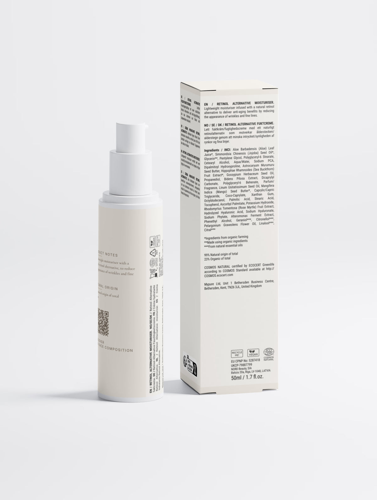 The bottle turned to its side panel with product notes and QR code, beside the carton's printed multilingual regulatory panel with the ingredients list.