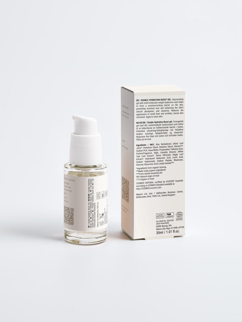 SEV Apothecary Double Hydration Boost Gel + HA 30 ml — rear bottle and carton with product information