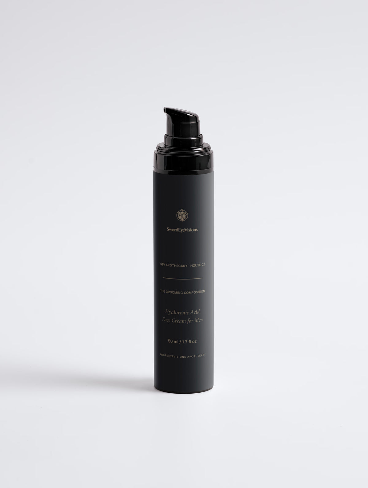 Hyaluronic Acid Face Cream for Men — 50 ml airless pump bottle with the near-black label and antique brass lettering.