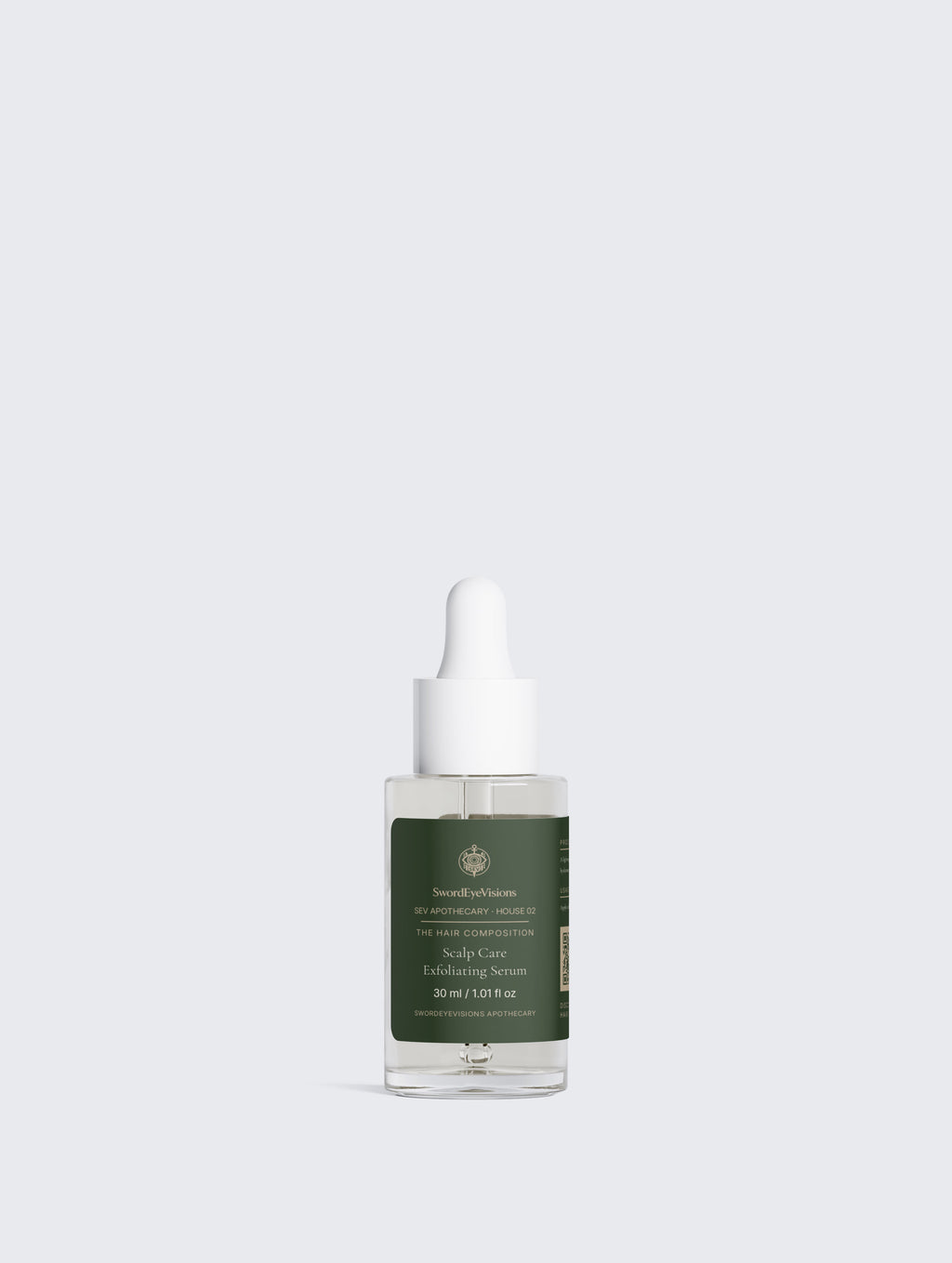Scalp Care Exfoliating Serum — 30 ml glass dropper bottle with the dark green label and antique brass lettering.