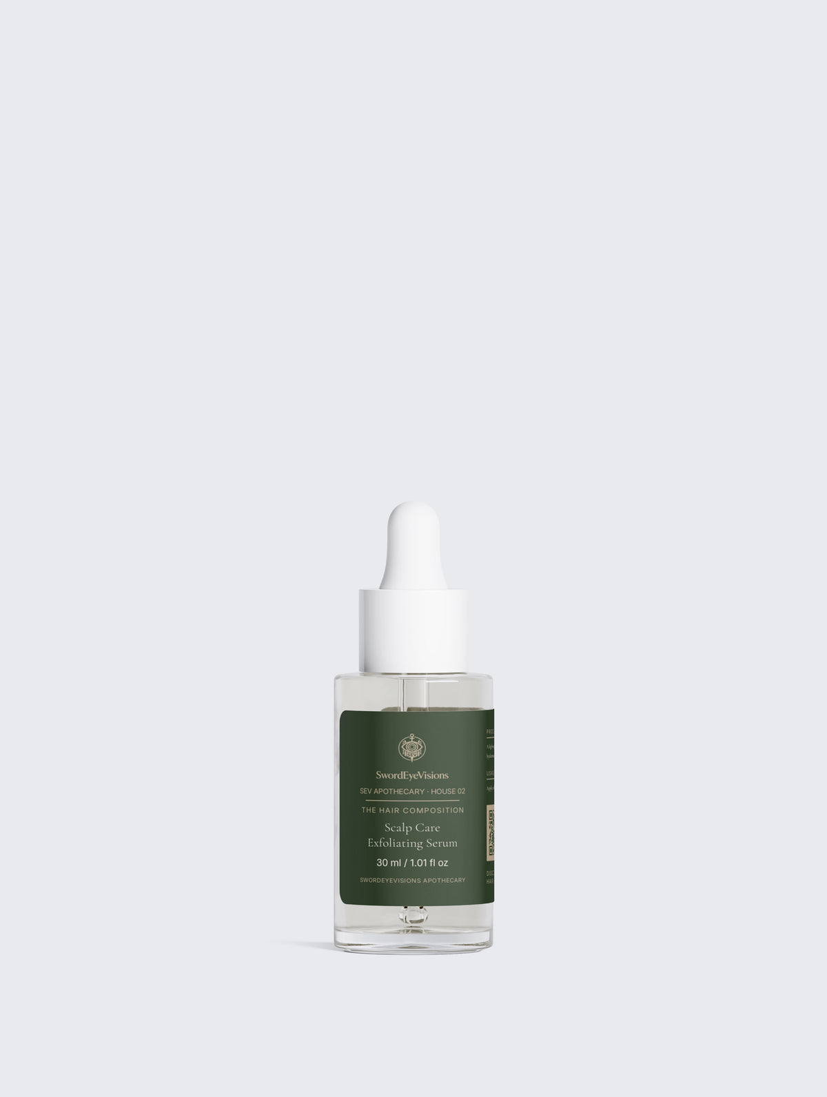 Scalp Care Exfoliating Serum — 30 ml glass dropper bottle with the dark green label and antique brass lettering.