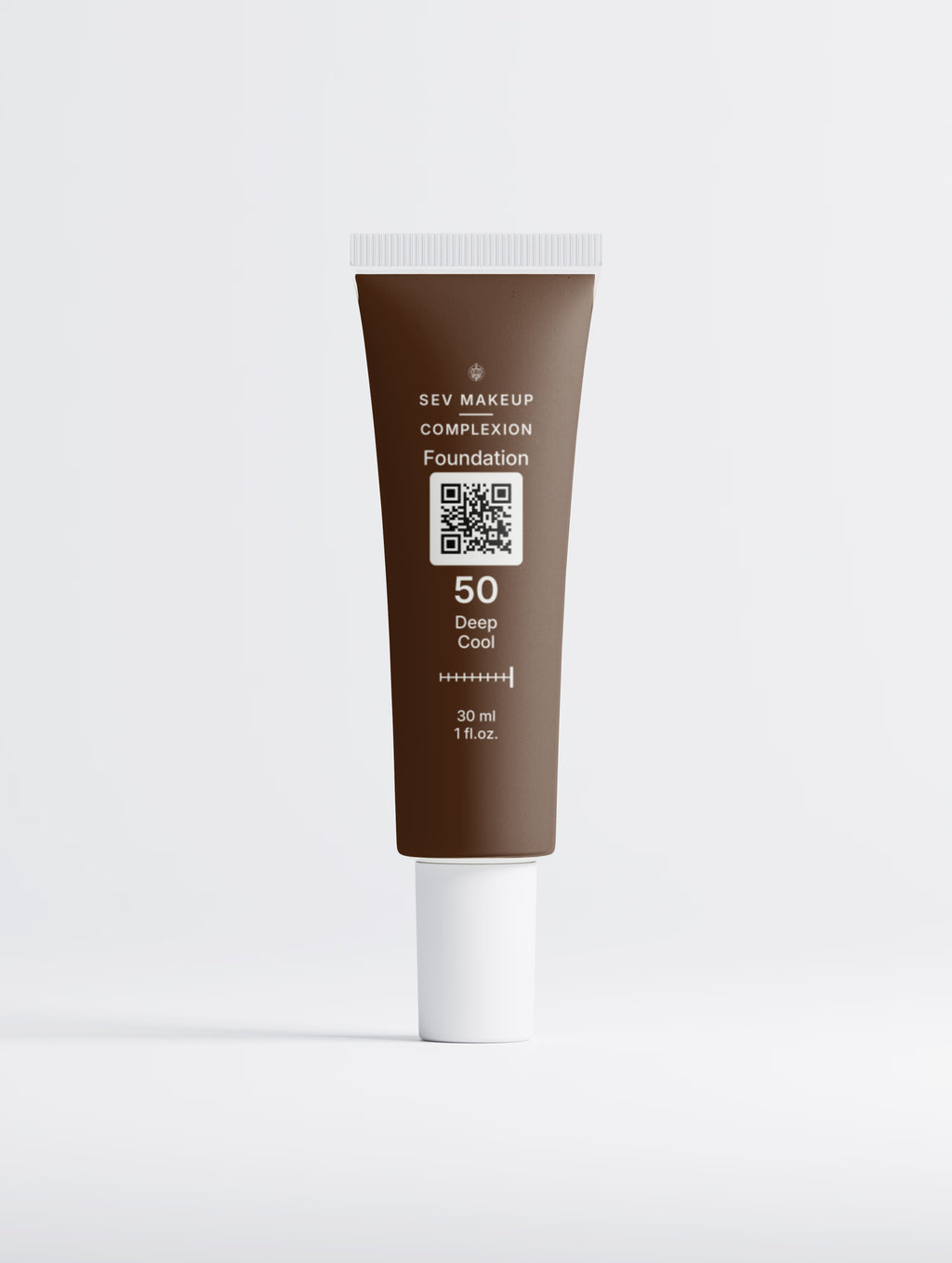 SEV Makeup Foundation with Peptides in shade 50 Deep Cool: a 30 ml squeeze tube tinted to the deep cool shade with a white cap, carrying the Complexion ten-position shade index and a QR code on a light tile.