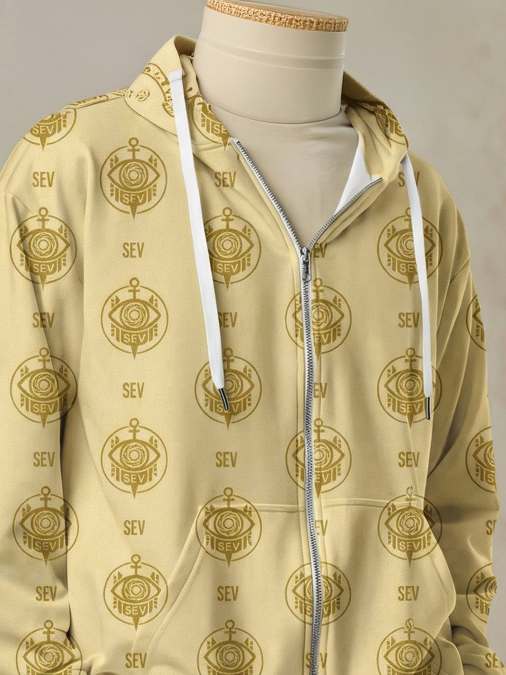 SEV GoldCream Monogram All-Over Print Recycled Unisex Zip Hoodie — Recycled Edition — alternate view 1 of 6