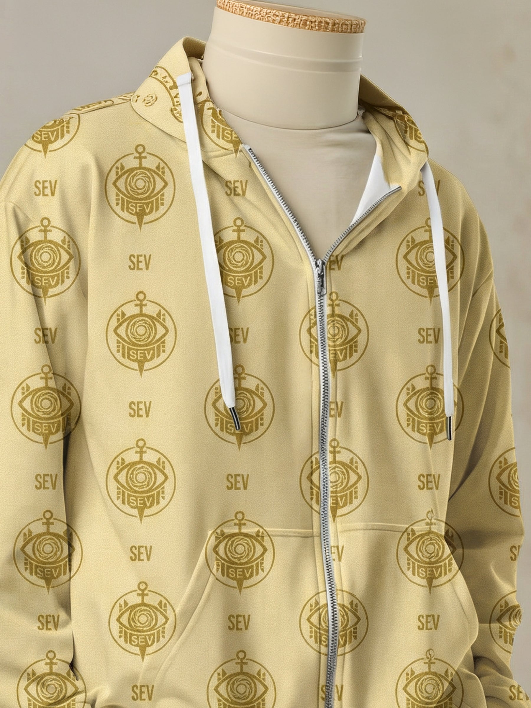 SEV GoldCream Monogram All-Over Print Recycled Unisex Zip Hoodie — Recycled Edition — alternate view 1 of 6