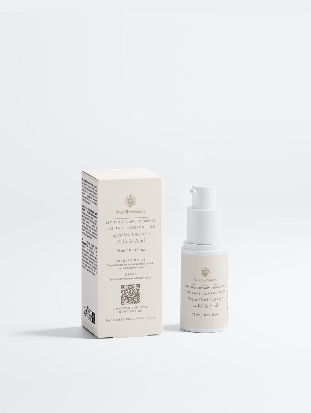 Targeted Dark Spot Care, 1% Kojic Acid 15 ml bottle and carton, front view — SEV Apothecary, The Face Composition
