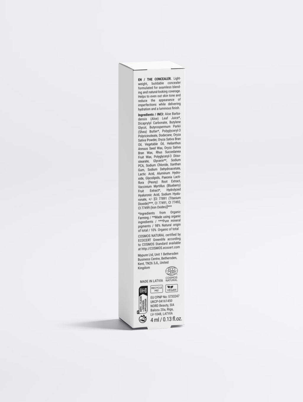 Reverse of the SEV Makeup Correcting Concealer carton showing the full ingredients list, ECOCERT COSMOS Natural certification, vegan and recycling marks, Made in Latvia, and the EU and UK registration numbers.